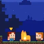 Két pixeles karakter ül egy tábortűz mellett éjszaka, kék égbolt és stilizált fák hátterével