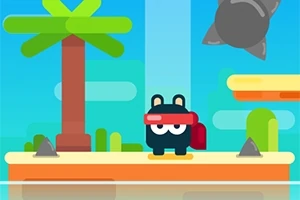 Animált figura piros fejpánttal és hátizsákkal áll egy platformon, trópusi fa és tüskés akadályok társaságában
