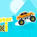 Egy sárga monster truck taxi sziluettje kék háttérrel, ahol a nap és hegyek láthatók, valamint a Crayz Monster Taxi felirat