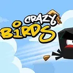 Egy rajzfilmszerű fekete madár repül balra, miközben fából készült darabok törnek körülötte, a háttérben kék ég és felhők láthatók, a bal felső sarokban Crazy Birds felirattal
