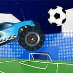 Egy kék monster truck ugrik a levegőbe egy futball-labda felé egy stadionban
