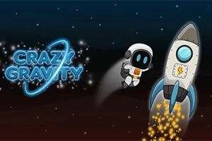Űrhajós és rakéta lebeg a csillagos űrben egy Crazy Gravity felirattal
