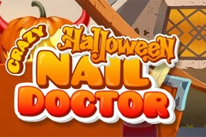 Halloween témájú illusztráció, amelyen egy sütőtök és a Crazy Halloween Nail Doctor felirat szerepel