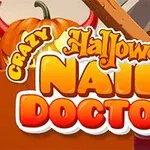 Halloween témájú illusztráció, amelyen egy sütőtök és a Crazy Halloween Nail Doctor felirat szerepel
