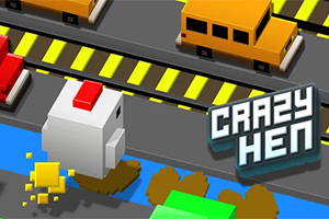 Egy kockás stílusú fehér tyúk átkel egy úton, ahol sárga és piros autók haladnak, a kép jobb alsó sarkában Crazy Hen felirat látható