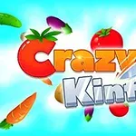 Színes háttér előtt lebegő gyümölcsök és zöldségek között egy kést ábrázoló grafika