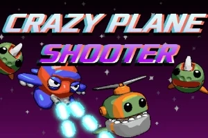 Egy színes képregény stílusú jelenet űrhajókkal és mosolygó szörnyekkel sötét háttér előtt, rajta Crazy Plane Shooter felirattal