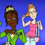 Két rajzfilmkarakter látható, egyikük zöld hercegnői ruhában, a másik rózsaszín felsőben és farmerben, kék háttér előtt