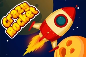 Színes rajzfilm rakéta repül a világűrben, narancssárga bolygóval a háttérben és „Crazy Rocket” felirattal