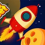 Színes rajzfilm rakéta repül a világűrben, narancssárga bolygóval a háttérben és „Crazy Rocket” felirattal
