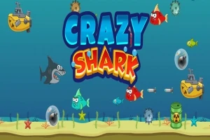 Színes víz alatti jelenet cápafigurával, halakkal, tengeralatti járművekkel és buborékokkal, középen a kék és narancssárga Crazy Shark felirattal