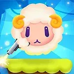 Aranyszarvú, rajzfilmszerű bárány fénylő zöld platformon egy kék háttér előtt