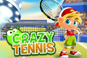 Rajzfilm stílusú teniszjáték jelenet, amelyben egy szőke fiú teniszütővel és a Crazy Tennis felirat látható
