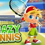 Rajzfilm stílusú teniszjáték jelenet, amelyben egy szőke fiú teniszütővel és a Crazy Tennis felirat látható