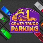 Színes teherautók és autók parkolnak egy sötét parkolóban, középen egy lila és sárga logó látható