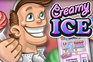 Rajzfilmszerű figura mosolyog és fagyit tart a kezében, mellette a Creamy Ice felirat látható színes betűkkel