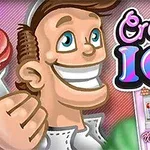Rajzfilmszerű figura mosolyog és fagyit tart a kezében, mellette a Creamy Ice felirat látható színes betűkkel