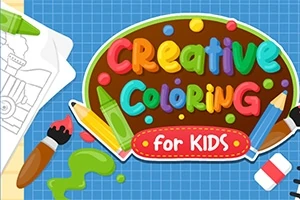 Színes ceruzák és ecsetek rajzokkal, a „Creative Coloring for Kids” felirattal ellátott kék hátteren