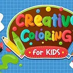 Színes ceruzák és ecsetek rajzokkal, a „Creative Coloring for Kids” felirattal ellátott kék hátteren