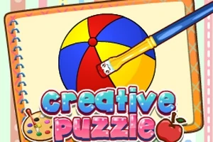 Egy színes festékes ecset, ami egy négy színű labdát színez, alatta a creative puzzle felirat látható élénk betűtípusban