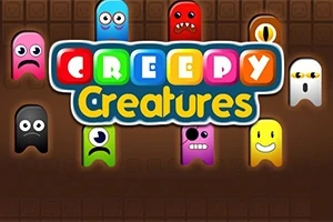 Színes, viccesen-arckifejezett szellemek körülveszik a Creepy Creatures feliratot barna háttérrel