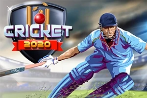 Egy krikettjátékos kék egyenruhában ütővel a kezében, háttérben a Cricket 2020 felirattal és logóval