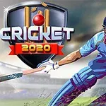 Egy krikettjátékos kék egyenruhában ütővel a kezében, háttérben a Cricket 2020 felirattal és logóval