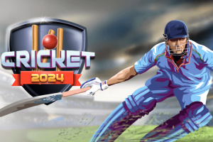 Krikettjátékos kék mezben ütővel, háttérben stadion, mellette „Cricket 2024” logó
