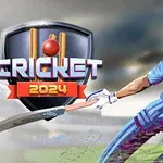 Krikettjátékos kék mezben ütővel, háttérben stadion, mellette „Cricket 2024” logó