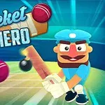 Rajzolt krikettjátékos kék ruhában ütővel, háttérben színes alakzatokkal és a Cricket Hero felirattal