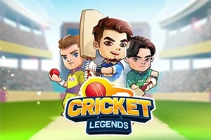 Három rajzfilm stílusú krikettjátékos hosszú ütővel és labdákkal egy stadion háttér előtt, alul Cricket Legends felirattal
