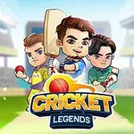 Három rajzfilm stílusú krikettjátékos hosszú ütővel és labdákkal egy stadion háttér előtt, alul Cricket Legends felirattal
