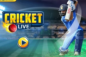 Egy kék ruhás, ütőt tartó krikettjátékos a pályán háttérben stadion fényeivel, mellette Cricket Live felirat és játékgomb látható