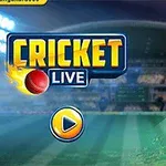 Egy kék ruhás, ütőt tartó krikettjátékos a pályán háttérben stadion fényeivel, mellette Cricket Live felirat és játékgomb látható