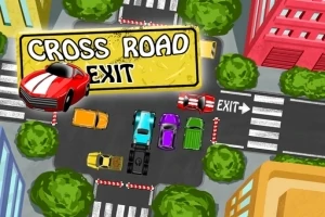 Forgalmas kereszteződés madártávlatból, színes autókkal és Cross Road Exit felirattal
