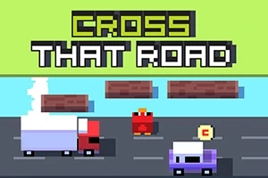 Egy piros madár halad át az úton, miközben autók közelednek és úszó fatörzsek vannak a vízben, a tetején CROSS THAT ROAD felirattal