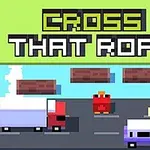 Egy piros madár halad át az úton, miközben autók közelednek és úszó fatörzsek vannak a vízben, a tetején CROSS THAT ROAD felirattal