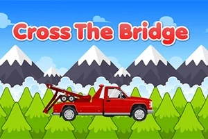 Piros vontatókocsi hegyvidéki tájjal és fenyőfákkal a háttérben, a Cross The Bridge szöveggel a kép tetején