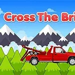 Piros vontatókocsi hegyvidéki tájjal és fenyőfákkal a háttérben, a Cross The Bridge szöveggel a kép tetején