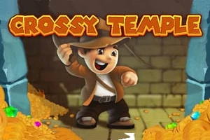 Egy mosolygós figura kalapban és barna kabátban áll egy kőfal előtt, körülötte aranyérmék és drágakövek vannak, a tetején pedig a Crossy Temple felirat látható