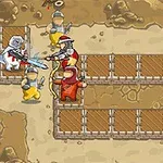 Színes animációs karakterek állnak egy homokos terepen, ahol egyik íjjal célba vesz egy kardos figurát