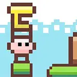 Pixel art képen látható egy elforgatott T betűvel rendelkező figura és egy barna ajtószerű objektum zöld platformon