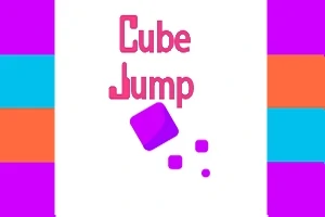 Lila kocka három kisebb kockával és a Cube Jump felirat fehér háttér előtt, színes csíkokkal körülvéve