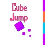 Lila kocka három kisebb kockával és a Cube Jump felirat fehér háttér előtt, színes csíkokkal körülvéve