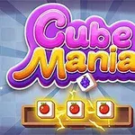 Színes Cube Mania felirat lila és sárga betűkkel, alatta három, villámokkal körülvett almás ikon