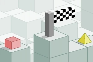 Geometriai tárgyak egy 3D kockás felületen, köztük egy piros kocka, egy sárga piramis és egy fekete-fehér kockás célzászló