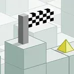 Geometriai tárgyak egy 3D kockás felületen, köztük egy piros kocka, egy sárga piramis és egy fekete-fehér kockás célzászló