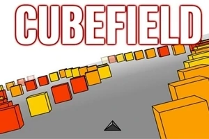 Színes, piros és sárga kockák sora lebeg egy szürke úttest felett, alul pedig egy kis fekete háromszög látható, a háttérben a CUBEFIELD felirattal
