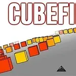 Színes, piros és sárga kockák sora lebeg egy szürke úttest felett, alul pedig egy kis fekete háromszög látható, a háttérben a CUBEFIELD felirattal