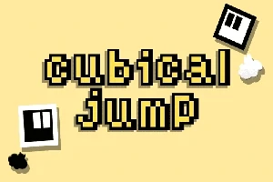 A képen sárga háttéren fekete és sárga színű, pixeles cubical jump felirat, valamint két fekete-fehér négyzet látható